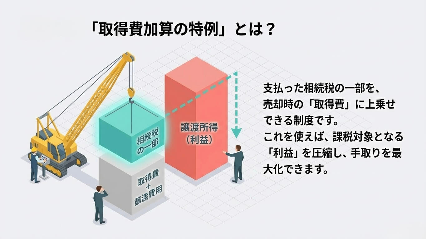「取得費加算の特例」の解説図解。支払った相続税の一部を売却時の「取得費」に上乗せすることで、課税対象となる譲渡所得（利益）を圧縮し、手残りを最大化できる仕組みをイラストで説明しています。