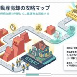 相続税と不動産売却の攻略マップ。 スタートからゴール（手取り額MAX）までの道筋がすごろくのようなコースで描かれています。コース上には「相続税」や「譲渡所得税」という大きな赤いブロックの障害物があり、それらを回避して進む様子が表現されています。 テキストでは「10か月ルール」と「取得費加算の特例」で二重課税を回避することが強調されており、「相続は時間と現金の戦いである」という解説が添えられています。