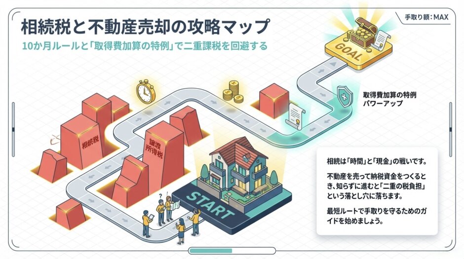 相続税と不動産売却の攻略マップ。 スタートからゴール（手取り額MAX）までの道筋がすごろくのようなコースで描かれています。コース上には「相続税」や「譲渡所得税」という大きな赤いブロックの障害物があり、それらを回避して進む様子が表現されています。 テキストでは「10か月ルール」と「取得費加算の特例」で二重課税を回避することが強調されており、「相続は時間と現金の戦いである」という解説が添えられています。