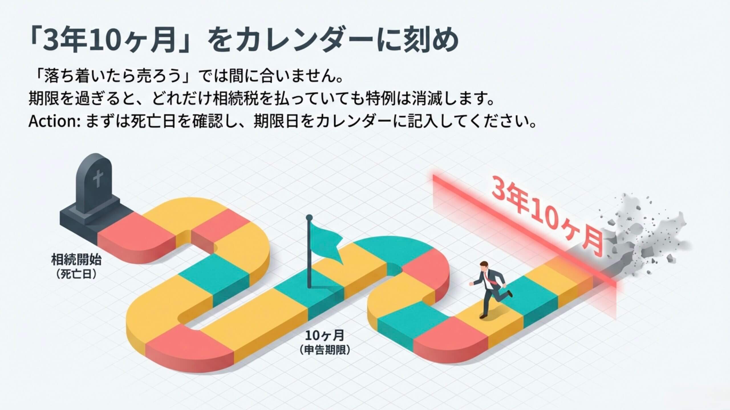 相続税の取得費加算特例の期限に関する注意。相続開始（死亡日）から「3年10ヶ月」という期限を過ぎると特例が消滅することを、すごろくのようなタイムラインと、期限の壁に向かって走る人物のイラストで表現しています。