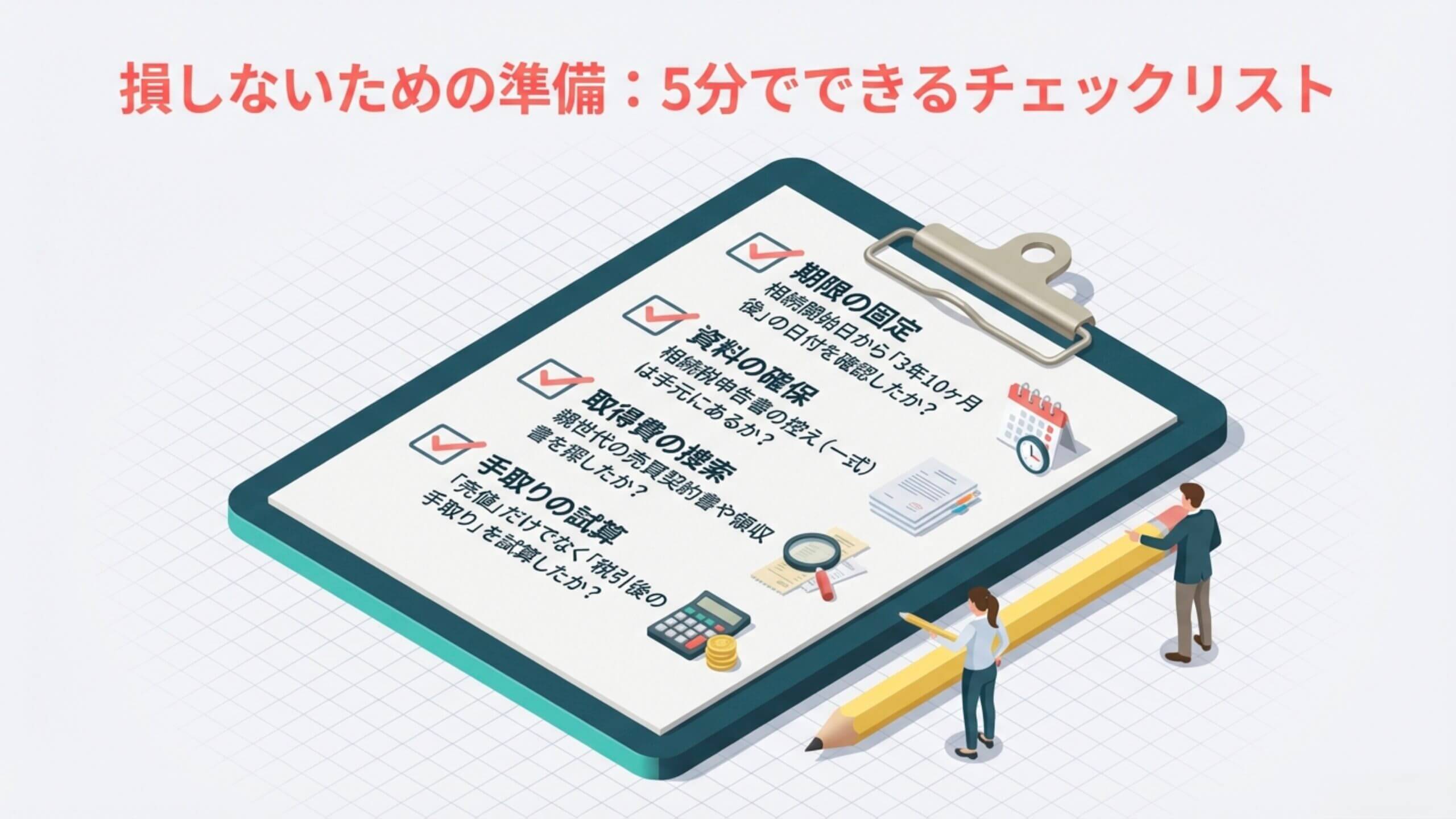 不動産売却と相続対策のチェックリスト。期限の固定、資料の確保、取得費の捜索、手取りの試算という4つの重要項目をクリップボード形式でまとめたイラスト。