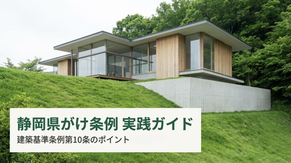 静岡県がけ条例 実践ガイド、建築基準条例第10条のポイント。背景には緑豊かな斜面に建つ、コンクリート基礎と木材・ガラスを組み合わせたモダンな住宅の写真。
