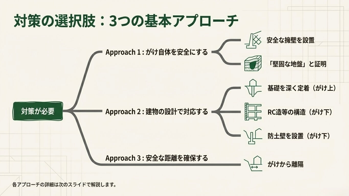 がけ条例への対策における3つの基本アプローチをまとめた図。「がけ自体の安全化（擁壁など）」「建物の設計による対応（深礎・RC造・防土壁）」「安全な距離の確保（離隔）」の具体的な手法を紹介