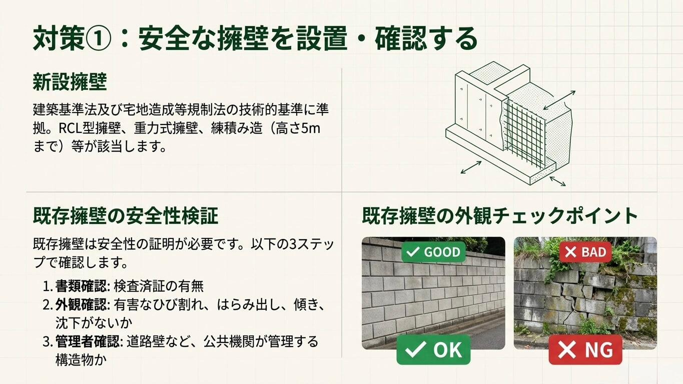 がけ条例対策としての擁壁（新設・既存）の確認ポイント。RC造や重力式擁壁の技術基準、既存擁壁の安全性検証（検査済証、ひび割れやはらみ出しの外観チェック、管理者確認）の方法を解説。