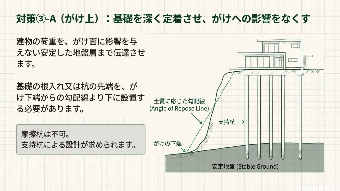 がけ条例対策：がけ上の建物基礎を深く定着させる設計。土質に応じた勾配線（安息角）より下の安定地盤まで支持杭を到達させ、がけ面に荷重をかけない工法の図解。