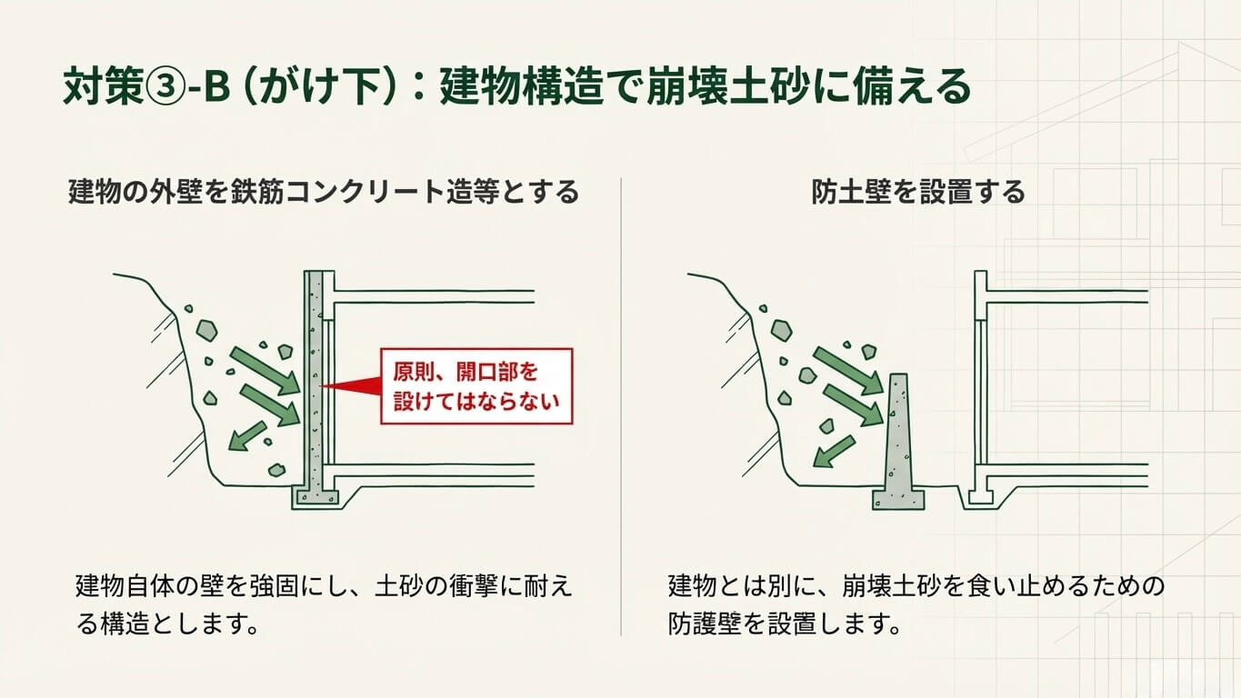 がけ下の建築対策：崩壊土砂の衝撃に耐える設計。建物の外壁を鉄筋コンクリート造（RC造・開口部なし）にする方法と、独立した防土壁（防護壁）を設置する方法の図解。
