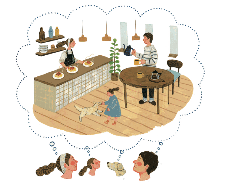 三島の家で家族がカフェのような暮らしを思い描いているイラスト