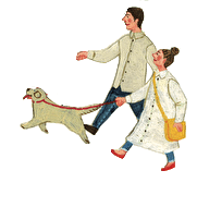 犬の散歩をしながら街を歩く二人のイラスト