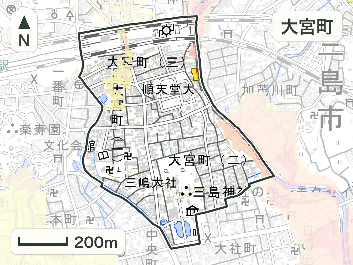 大宮町の範囲に、洪水浸水想定区域と土砂災害警戒区域を重ねた地図